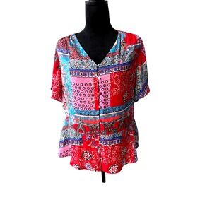 Chicos Size 1 Patchwork Bohemian V Neck Short Sleeve Blouse Top Women's